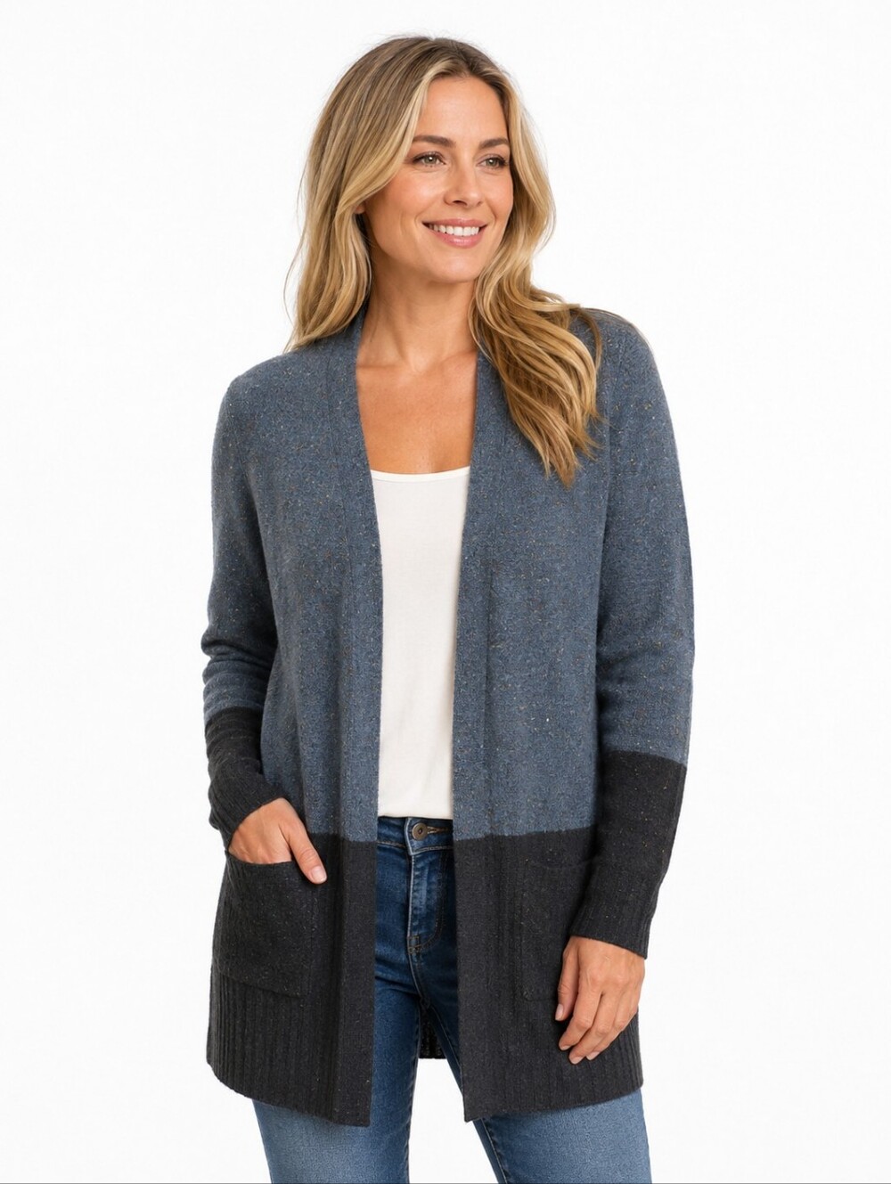 New LOVE ELLIE open front long Cardigan black green confetti pockets soft size M